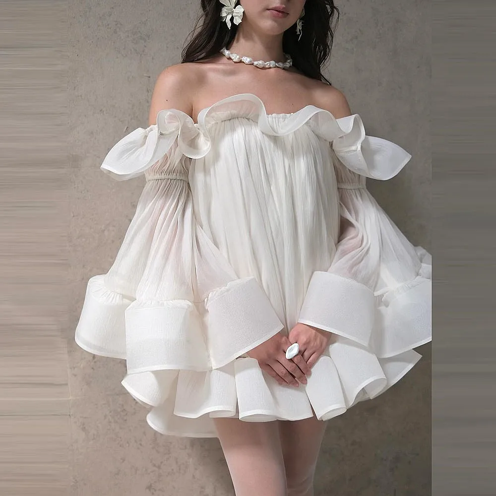 

Pretty Ivory Organza Tops Chic Ruffles Women Summer Blouse Off The Shoulders Women Dress Outfit For Special Occasions