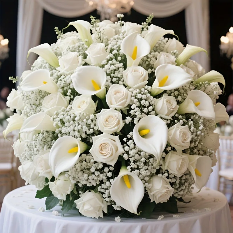 

50pcs Beautiful Artificial Flower Set: 5 White Artificial Calla Lilies, 5 White Artificial Roses, and 40 White Baby' s