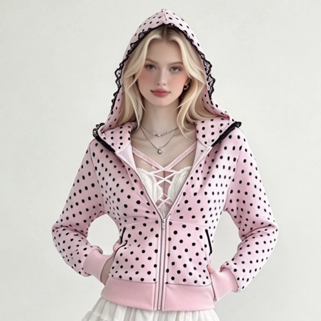 Fall Sweet Style Women's Polka Dot Print Lace Trim Hooded Zip Up Jacket, Sweet Cool Y2K Short Zip Sweatshirt