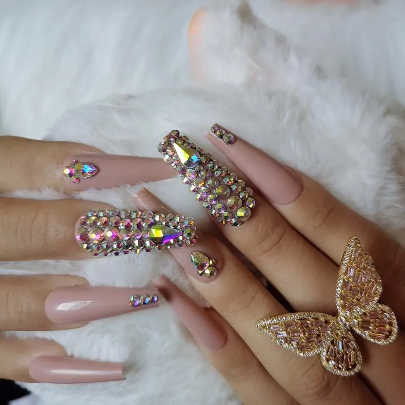 24 stuks luxe sieraden lange doodskist nepnagels Kaki druk op nagels kristal diamant militair Verwijderbaar