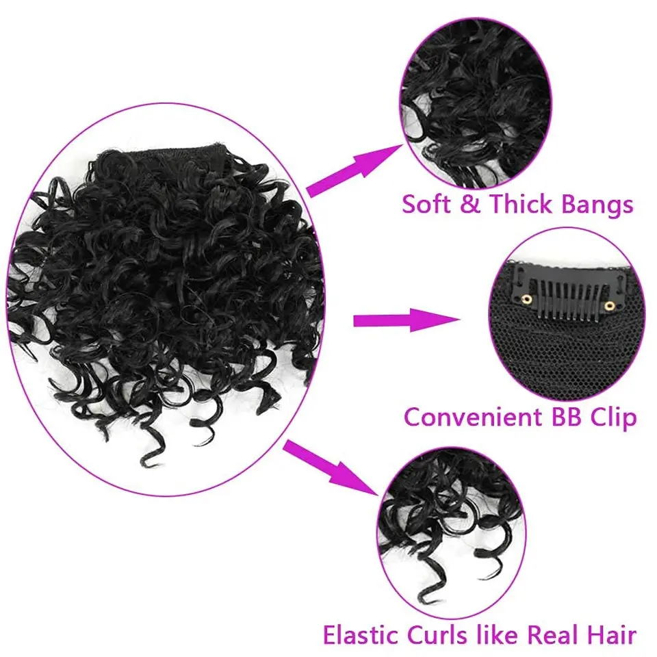 Peluca sintética G&T con flequillo rizado para mujeres afro, flequillo corto kinky rizado con clip (1B, flequillo individual) para uso diario 5