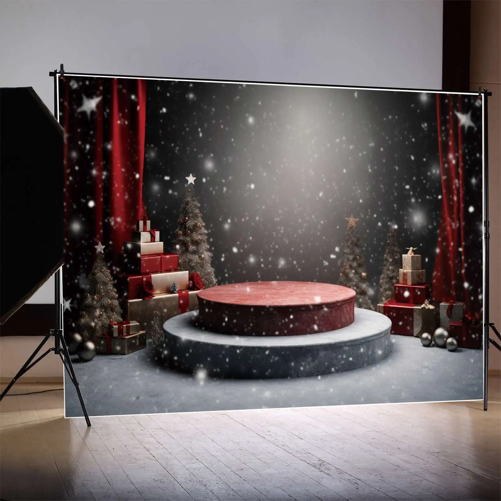 MOON.QG Backdrop Christmas Red Curtain Gift Party Stage Photography Background Children's Snowflake Star Trees Photo Booth Props