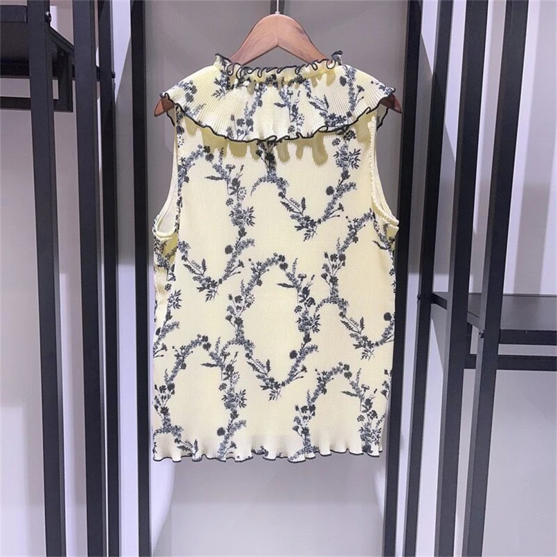 Sommer Rüschen V-ausschnitt Tank Top Frauen Ärmellose Hohe Qualität Weste Y2k Chiffon Plissee Camis Weibliche Druck Elegante Chic Tank Tops