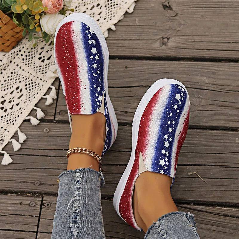 Independence Day Sneakers Women Canvas Shoes Fourth of July Print Espadrilles Platform Casual Shoes Soft Flats Slip-on Loafers