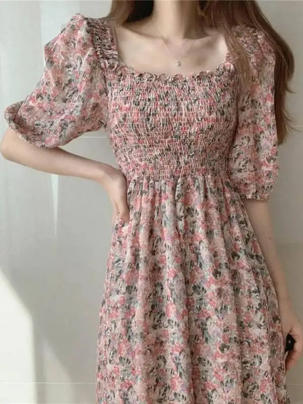 New Summer Floral Fairy Skirt Sweet Style A-Line Dress Square Collar Bubble Sleeve Short Sleeve mid Length Vintage Fairy Dress