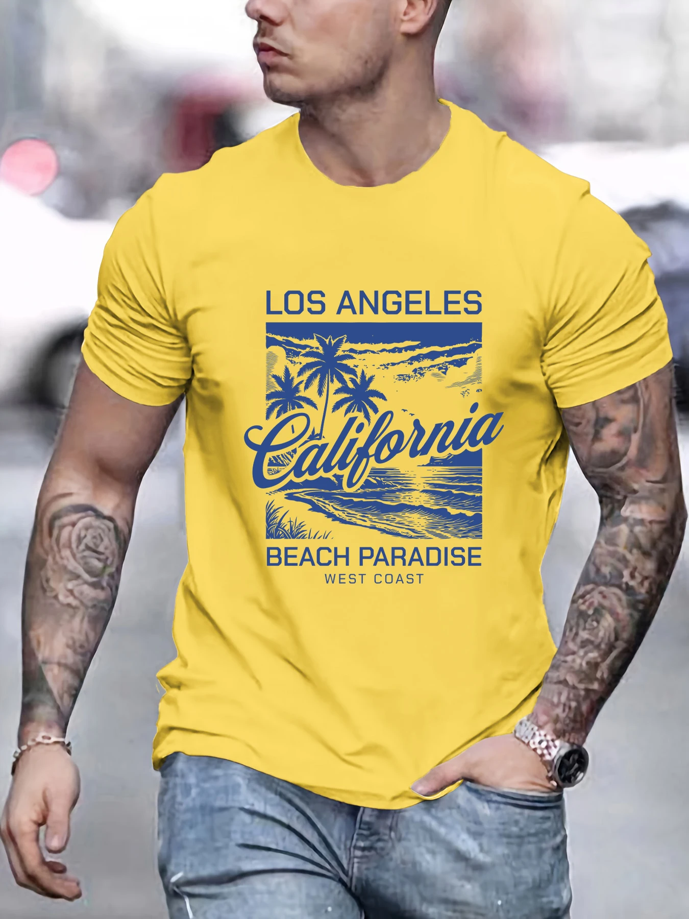 

Los Angeles California Beach Printing T-Shirts Mens Breathable O-Neck Tee Shirt Cotton All-Match Top Loose Casual Short Sleeve