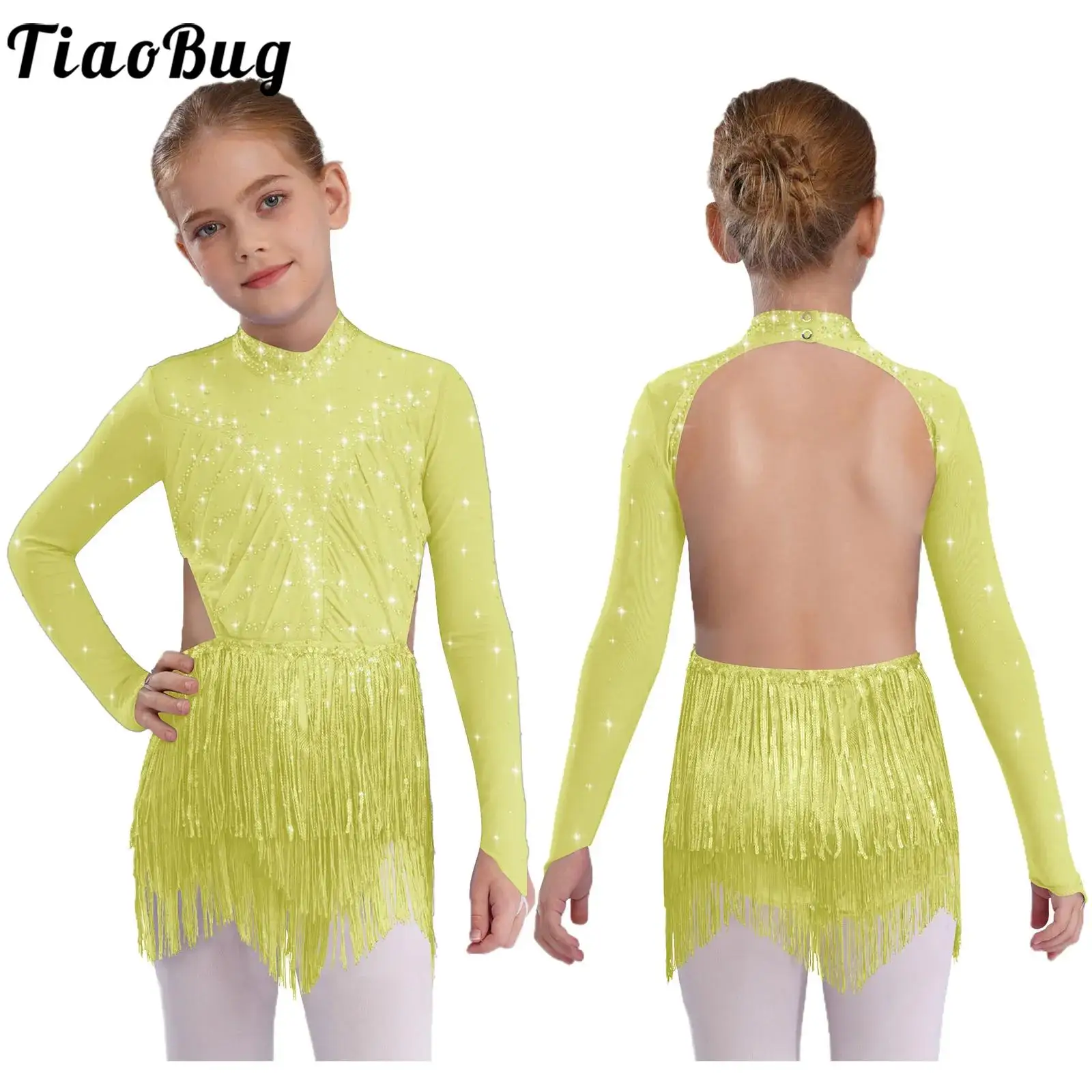 

Kids Girls Latin Jazz Tango Dancewear Sequins Tassels Leotard Dance Dress Long Sleeve Backless Rhinestones Bodysuit Performance
