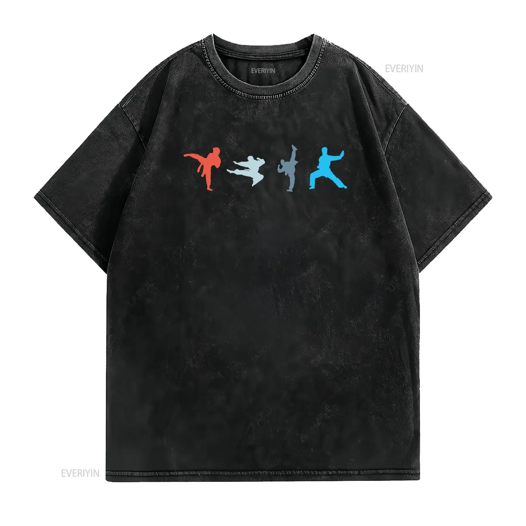 Cool Streetwear Martial Arts Karate Fighting Pose Silhouette Print Casual T Shirt vintage Washed streetwear Stretched Versatile