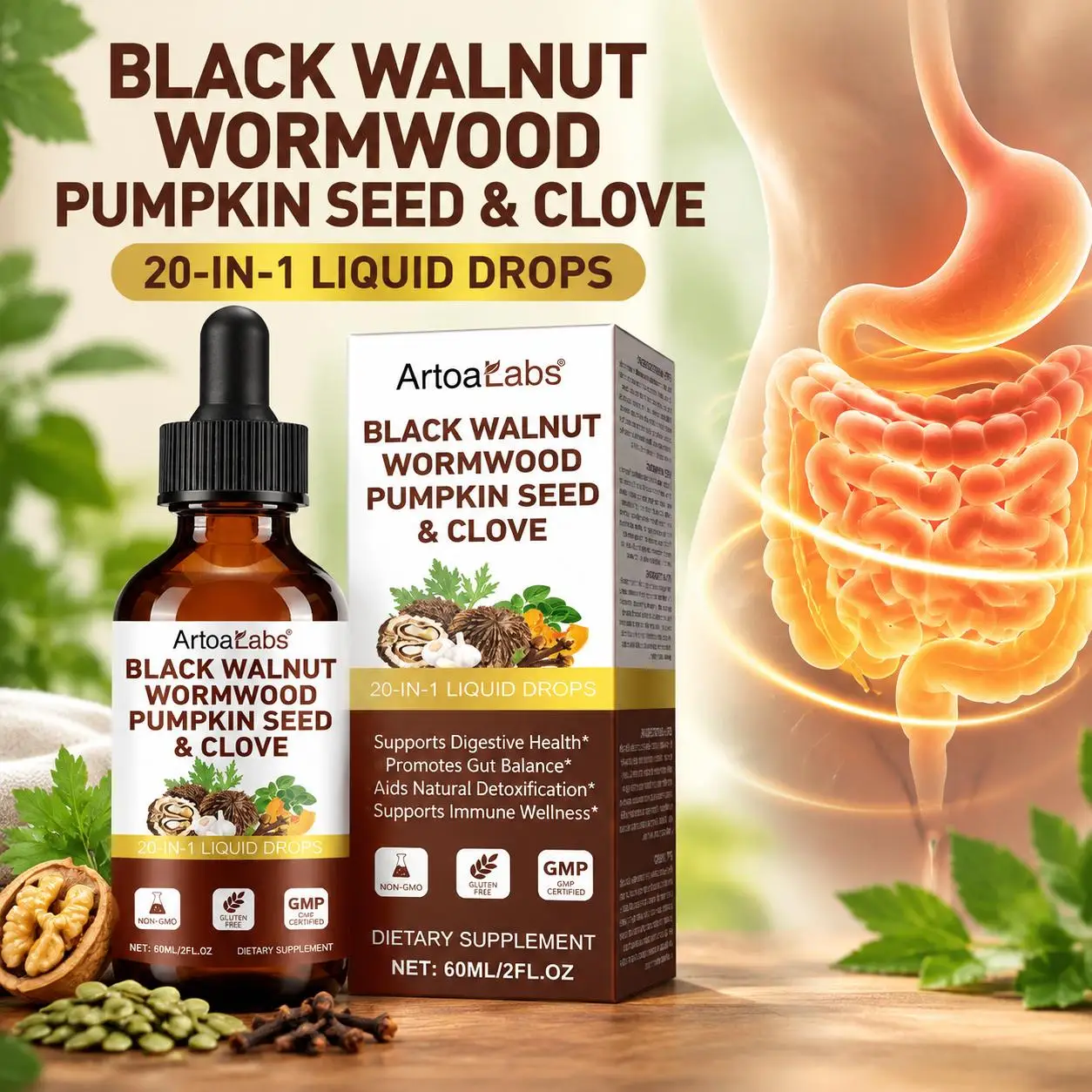 Black Walnut Wormwood Pumpkin Seed Drops Gut Cleansing  & Digestive Balance & Natural Detox Immune 60ml for Bloating and Gas