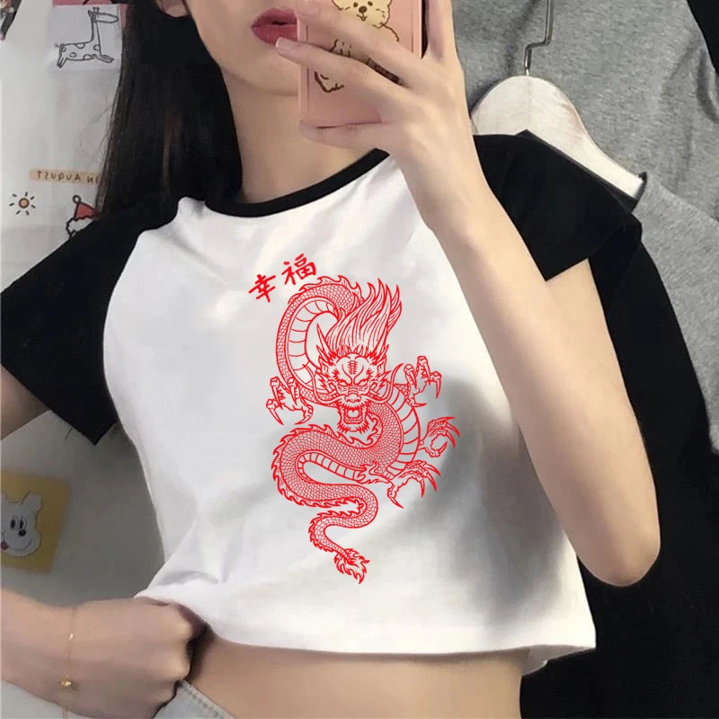 Dragon Graphic Print Crop Tops Streetwear Harajuku Y2K Baby Tee Fashion Hippie O-Neck Women's Short T Shirt Dropshipping Tshirt