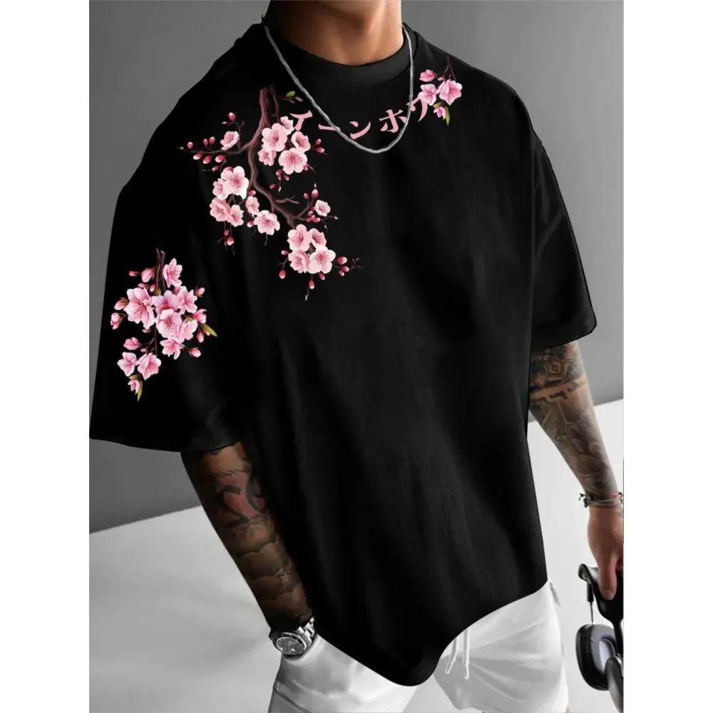 Sakura Cherry Blossom Print Men Oversized Crew Neck T-Shirt Daily Soft Breathable Short Sleeve Top
