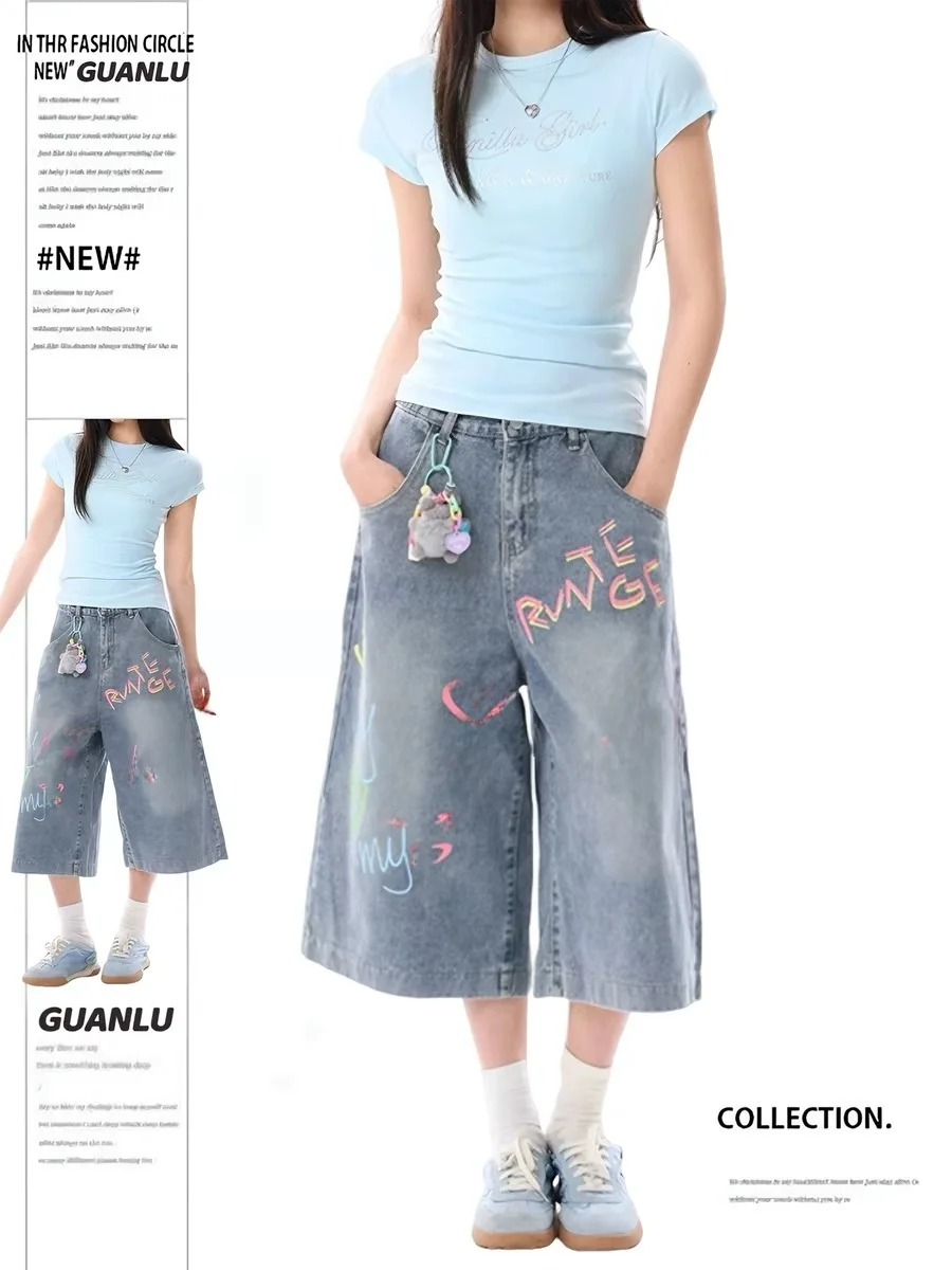 

American Style Graffiti Print Denim Wide Leg Pants High Waist Summer New Loose Straight Cut 7/8 Length Shorts for Women