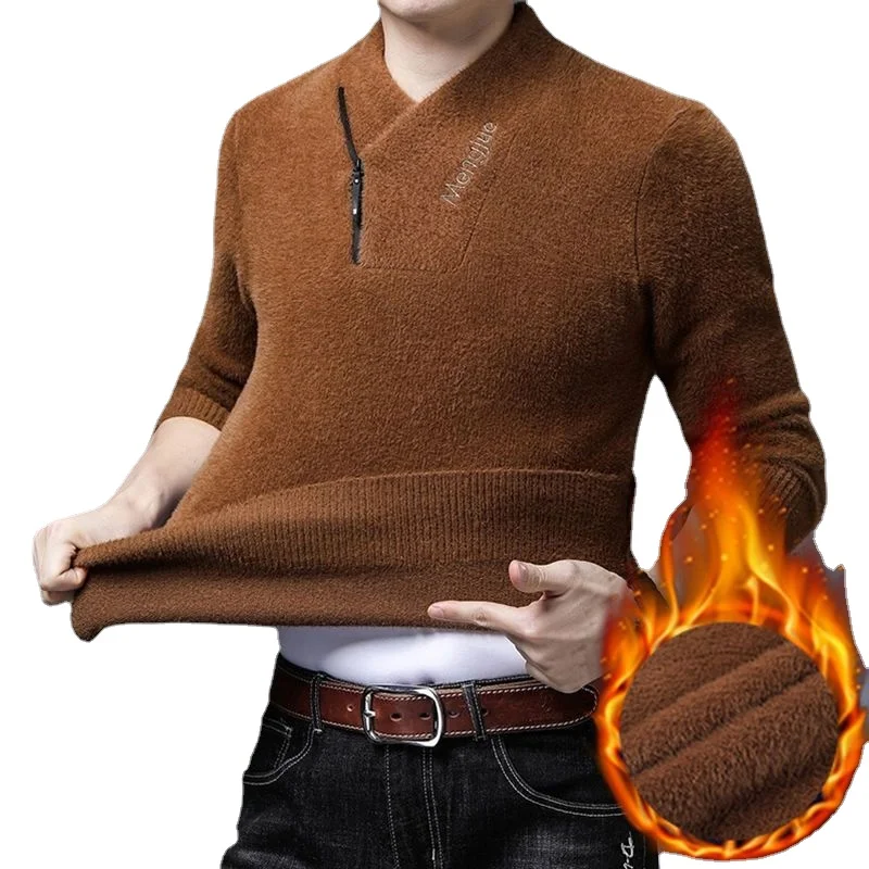 Double sided mink wool sweater for men in winter, plush, warm, middle-aged, loose, oversized knitting base coat