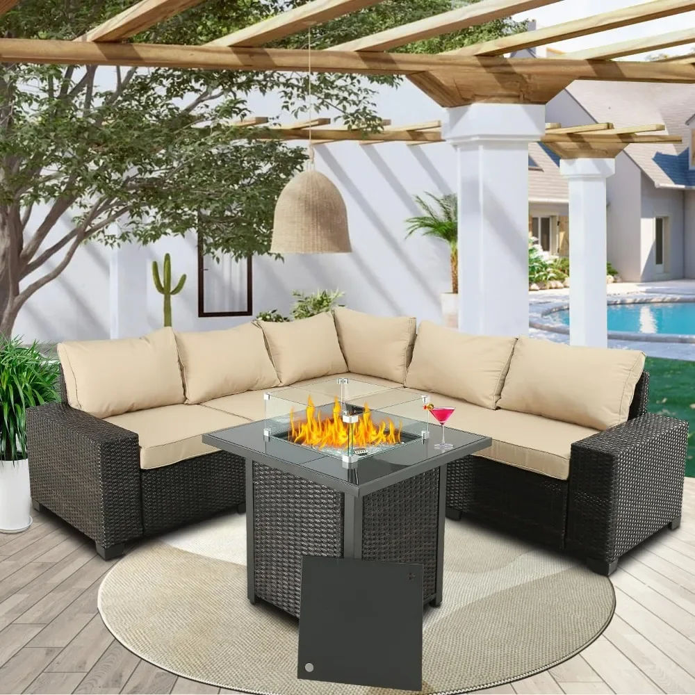 

Balcony Furniture PE Rattan Wicker Outdoor Sectional with Washable Cushion and Fire Pit Table for Garden, Poolside, Balcony