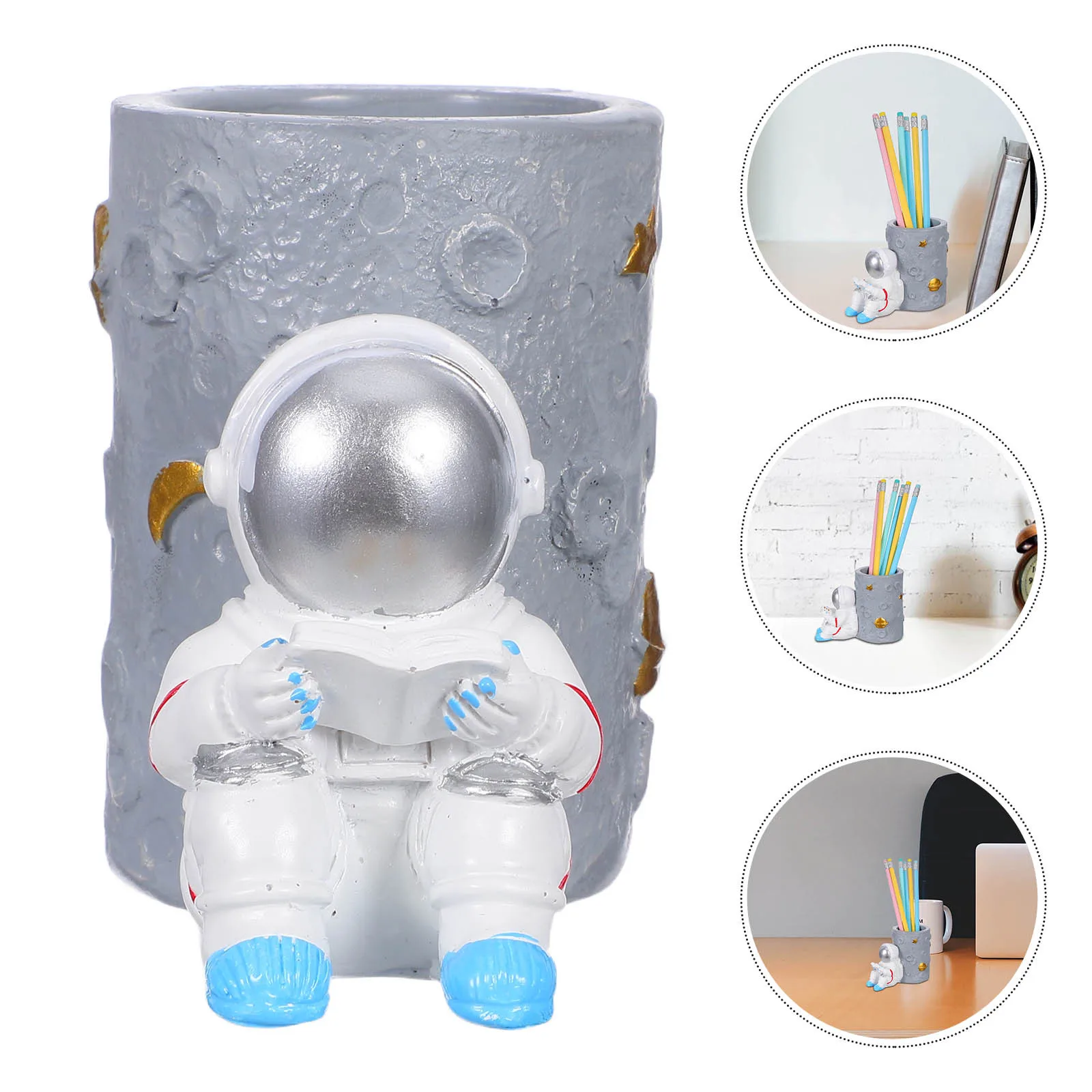 حامل قلم رائد الفضاء مصنوع من الراتنج منظم سطح المكتب الإبداعي لتخزين أقلام الرصاص لهدايا المدارس والمنزل والمكتب