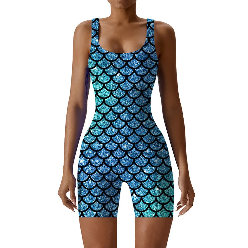 

Multicolor Fish Scale Print Jumpsuit Mermaid Sleeveless Vest Tights Nightclub Carnival Party Role Play Women Sexy Tops Clothing