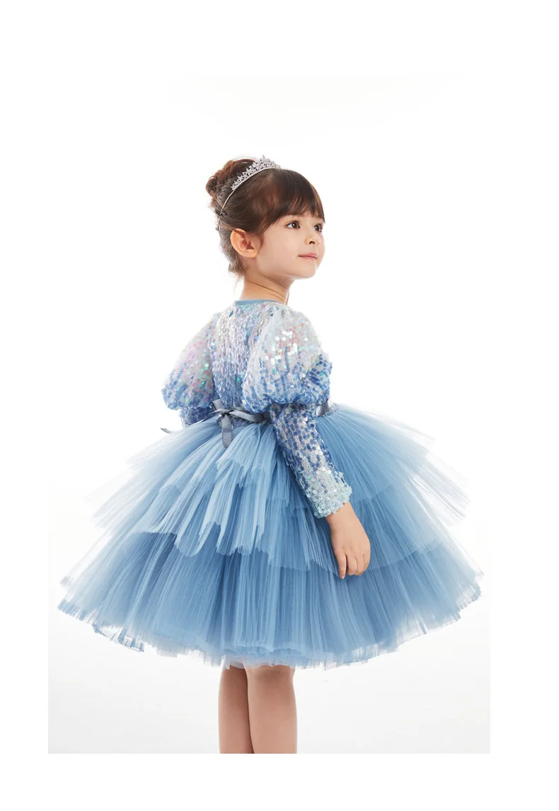 2023 Hof Stil Abendkleid für Baby Mädchen Kinder blau Pailletten geschichteten Kleider Säugling Prinzessin Karneval Festzug