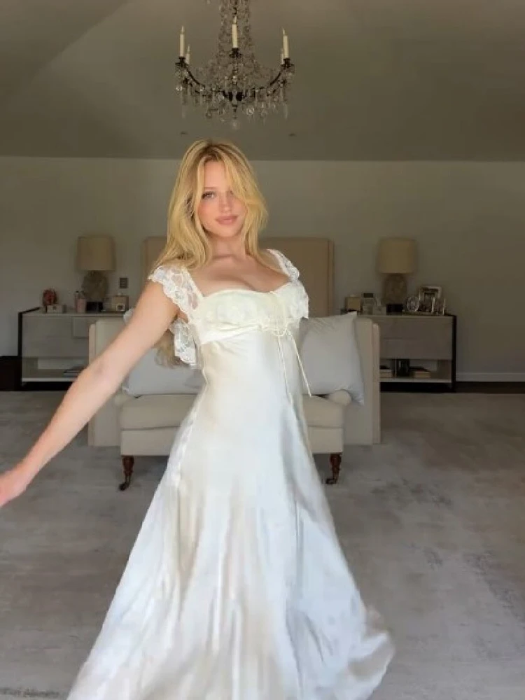 Damen Einfarbiges Langes Kleid mit Spitzenbesatz Schicker Quadratischer Ausschnitt Rückenreißverschluss Figurbetonte Maxi-Rock Elegantes Sommer-Party-Club-Urlaubs-Outfit – Detail 9