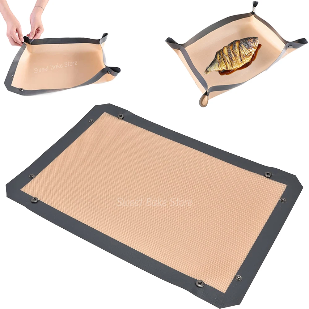 Reusable Silicone Fiber Baking Mat with Buckle No Leak & Non Stick Corners Snap Together to Form Leakproof Oven Tray Liner