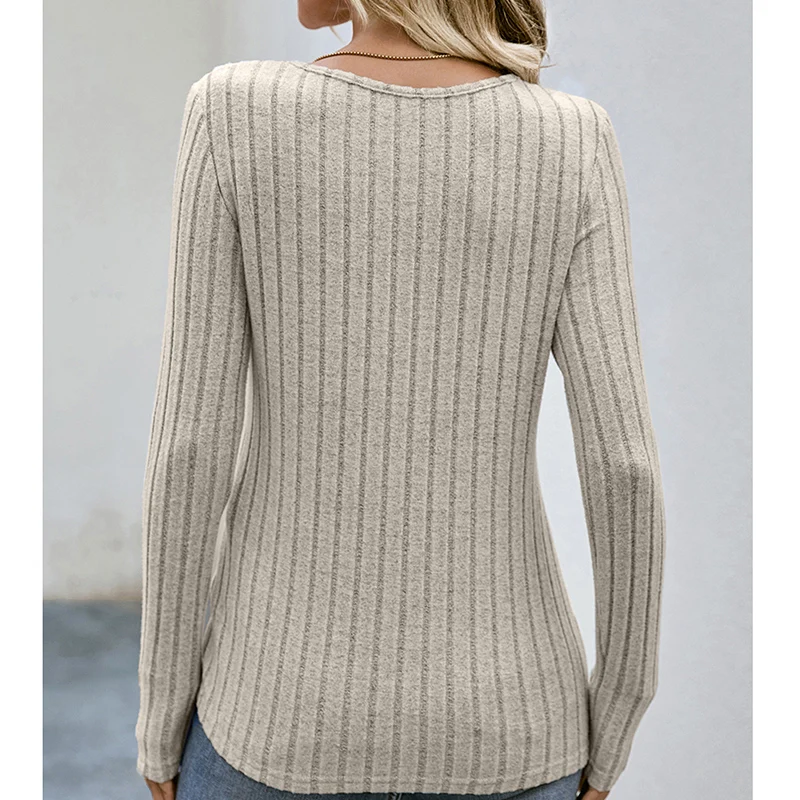 Autumn Elegant Fashion New Chic Pullover Women All Match Basic Solid Color Round Collar Button Long Sleeve Stripe Slim Sweater