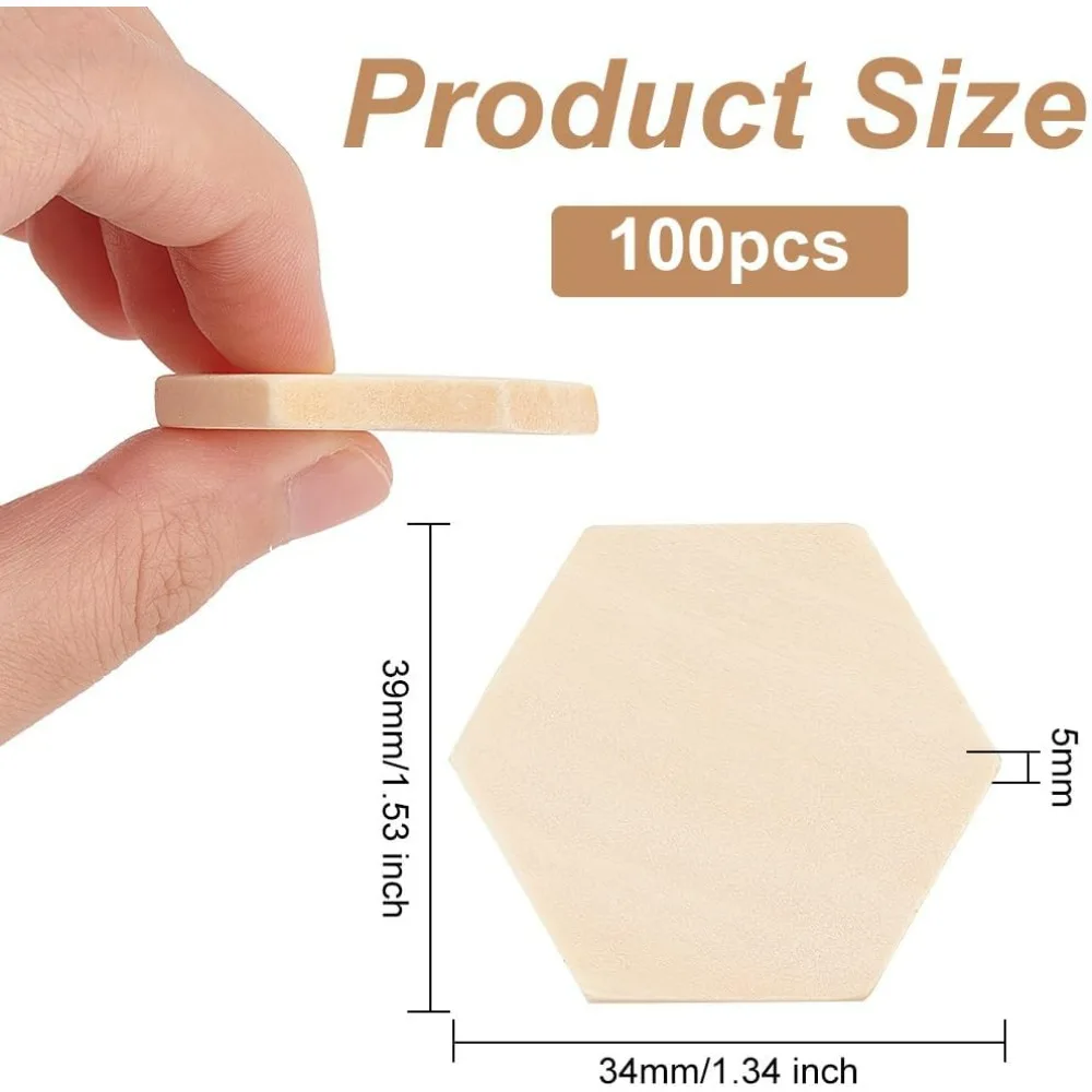 100PCS Hexagon Wood Pieces Unfinished  Pieces 1.5x1.3x0.2 Inch Natural Cutout Blank Slices