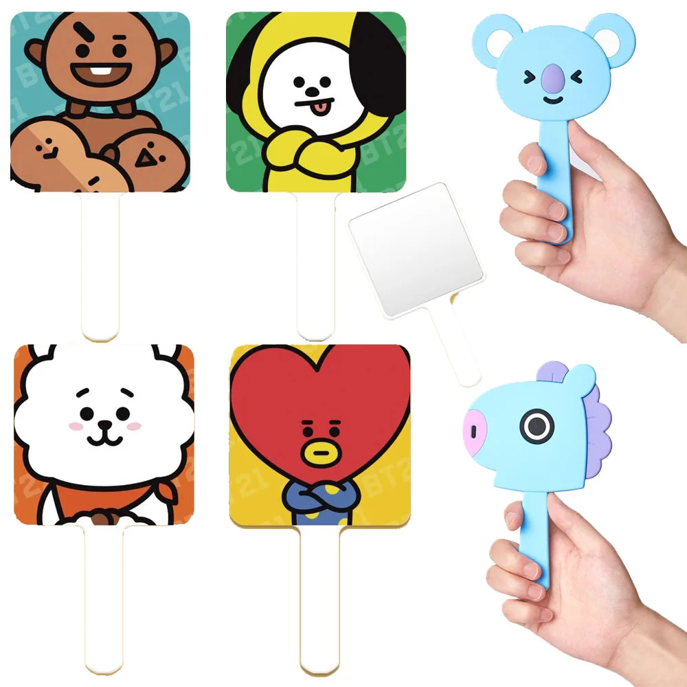 BT21 Cosmetic Mirror Cute Cartoon Mini Life Daily  Handheld Portable HD Touch Up Makeup Dormitory Handle Mirror Idol Props Gift