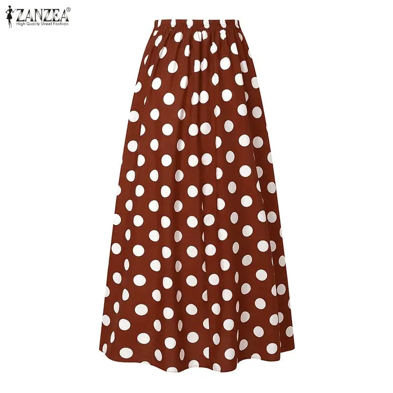 ZANZEA Fashion Elegant Women Polka Dots Maxi Skirts Elastic High Waist Loose A-Line Swing Skirt Cocktail Party Faldas de Mujer