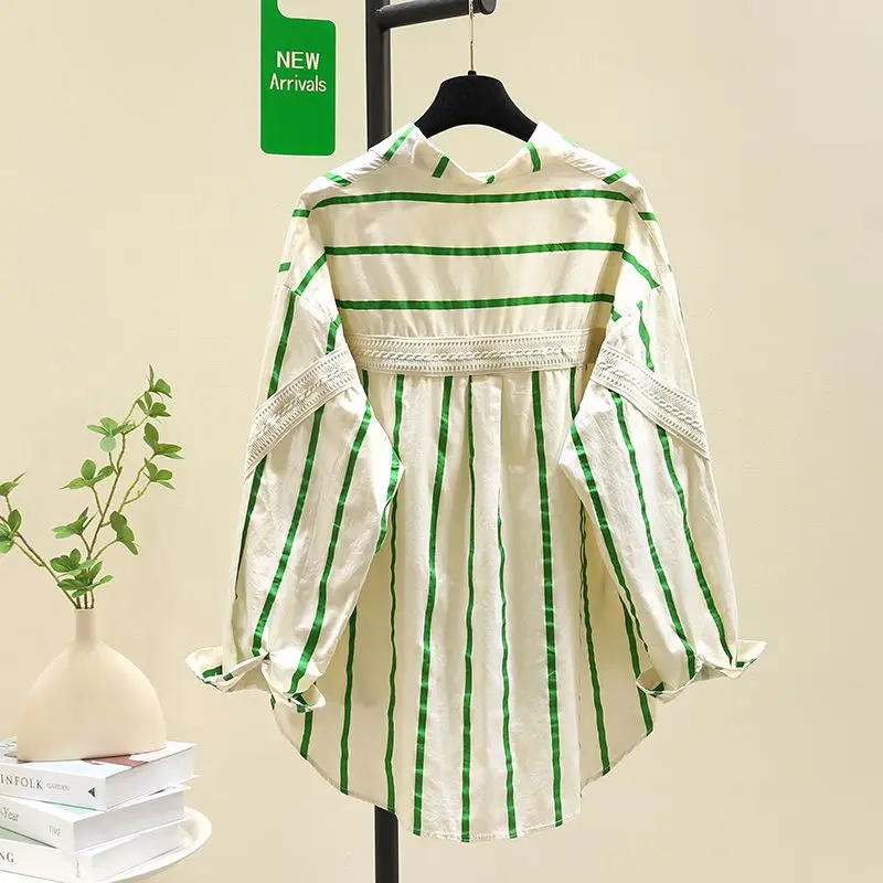 New Trendy Korean Women Striped T-Shirt Casual Loose Long Sleeved Shirt Spring All-match Blouse Lady Top Women Clothing Vintage