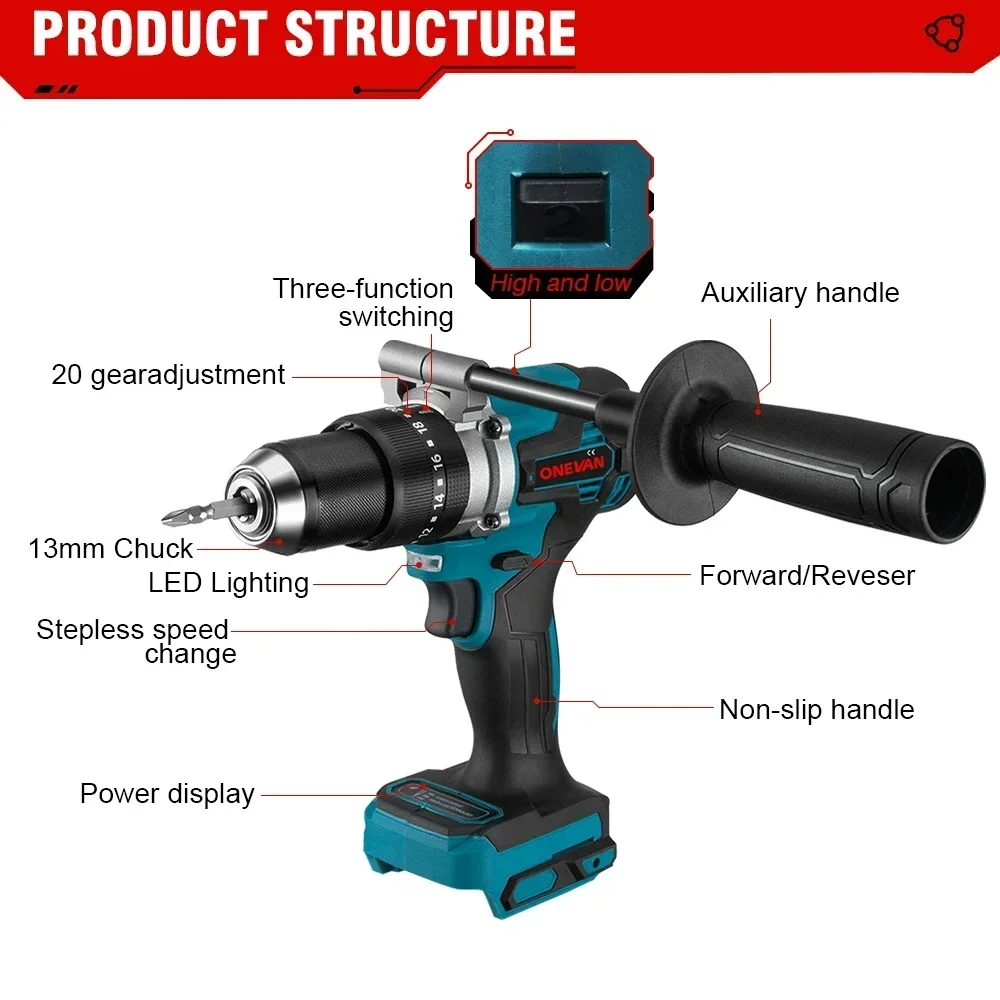 ONEVAN-Perceuse à percussion électrique sans balais, tournevis sans fil, batterie au lithium, perceuse de charge pour Makita, 13mm, 650nm, 18V