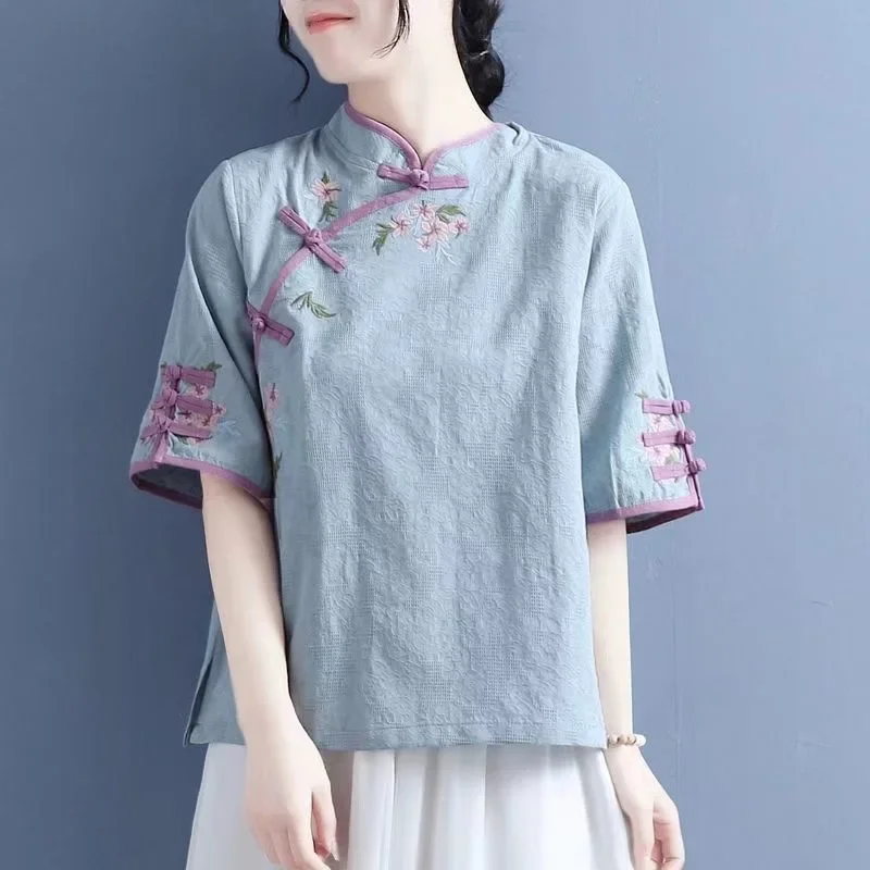 Vêtements de thé du Vermont de style chinois et chemise en coton et lin Hanfu avec Tang brodé imbibé et boutonné, améliorations