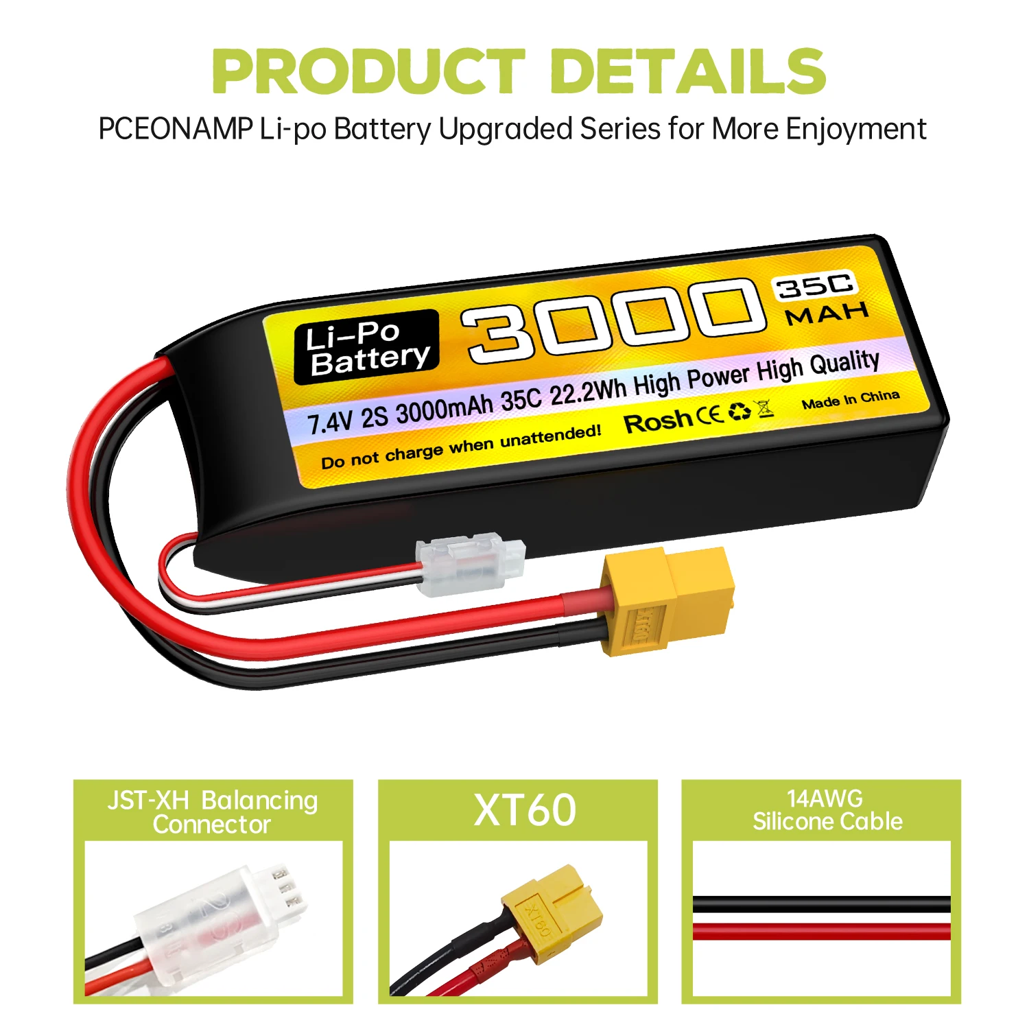 Bateria lipo 2s 7.4v 3000mah 35c com cabo de carregamento usb para carro rc, caminhão, navio rc, quadricóptero aeronave rc fpv drone bateria
