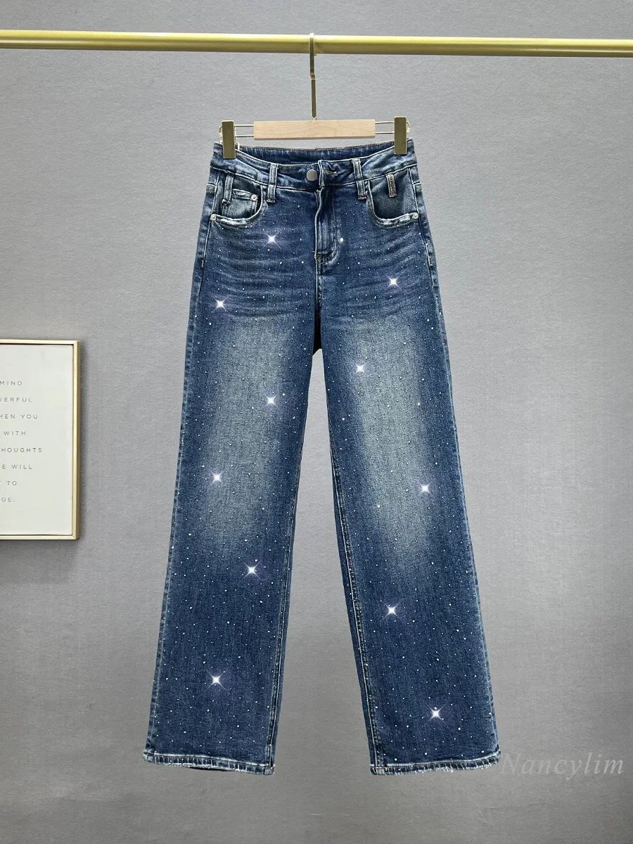 

Heavy Embroidery Hot Drilling Wide-Leg Jeans Women's 2024 New Autumn Dark Blue Jeans High Waist Lengthened Mop Pants Street