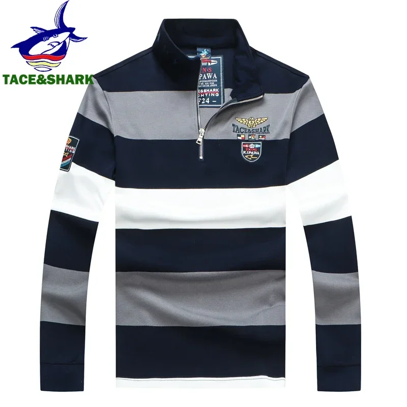 TACE&SHARK Brand Hot Sale Fashion Business Stripes Embroidery Long Sleeve Polo Shark Tops Men Autumn Half Zipper Slim Clothes