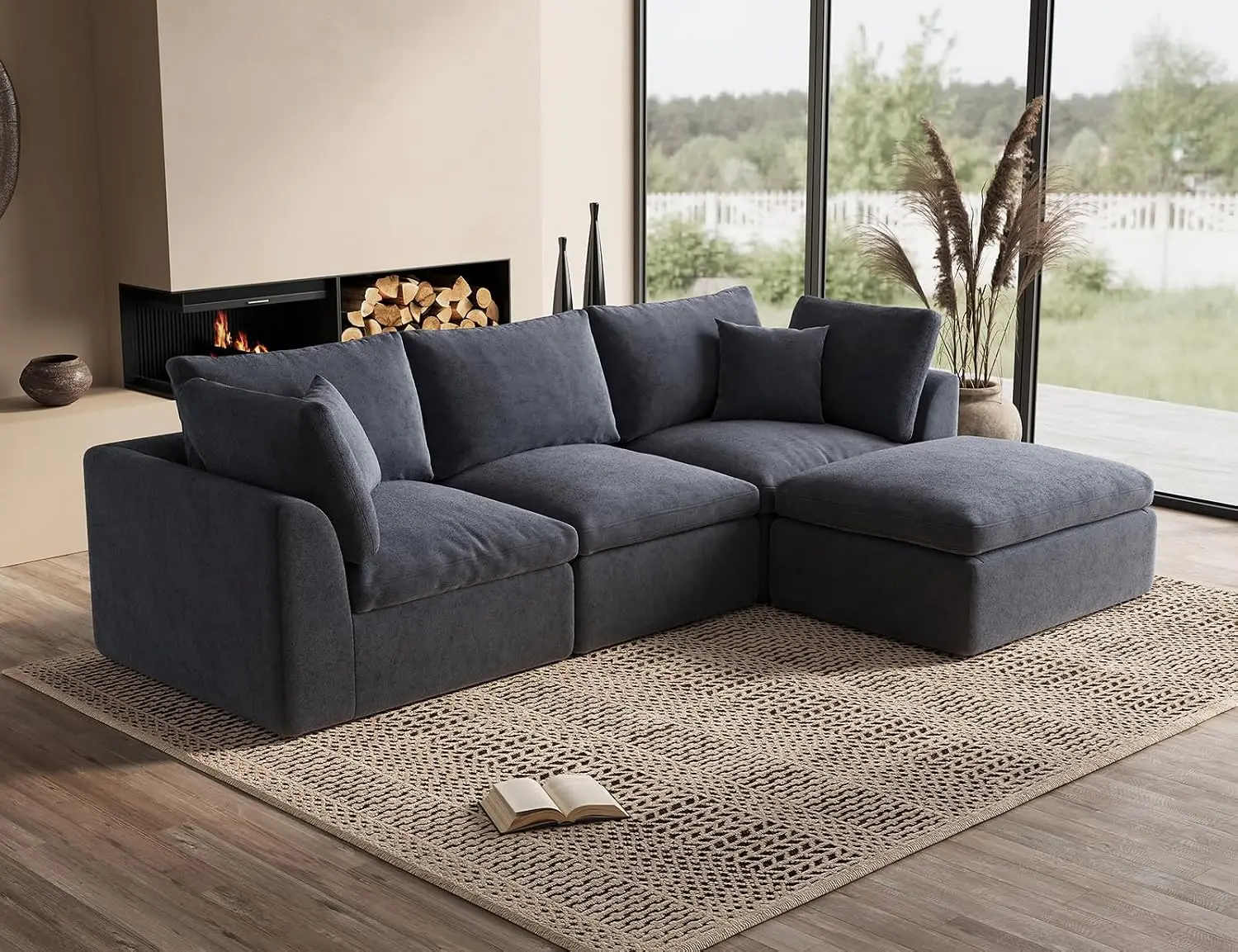 110 Inch Modular Sectional Sofa with Ottoman, Convertible L Shaped 3 Seater for Living Room, Grey, Customized