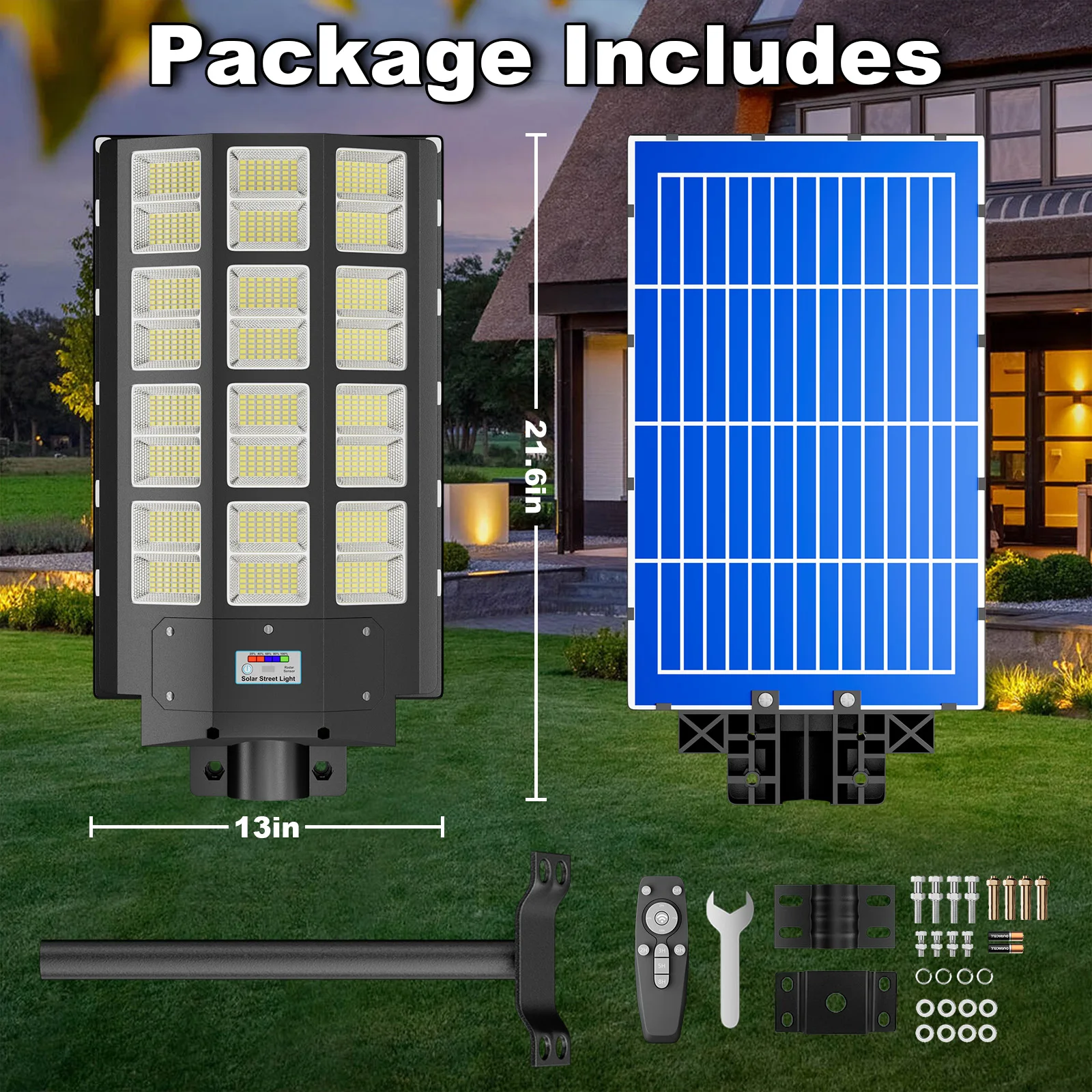 Extra-Large 2-Pack 5000W Solar Lights. Outdoor Waterproof Lights with Motion Sensor, for Commercial Parking Lots and Outdoor Are