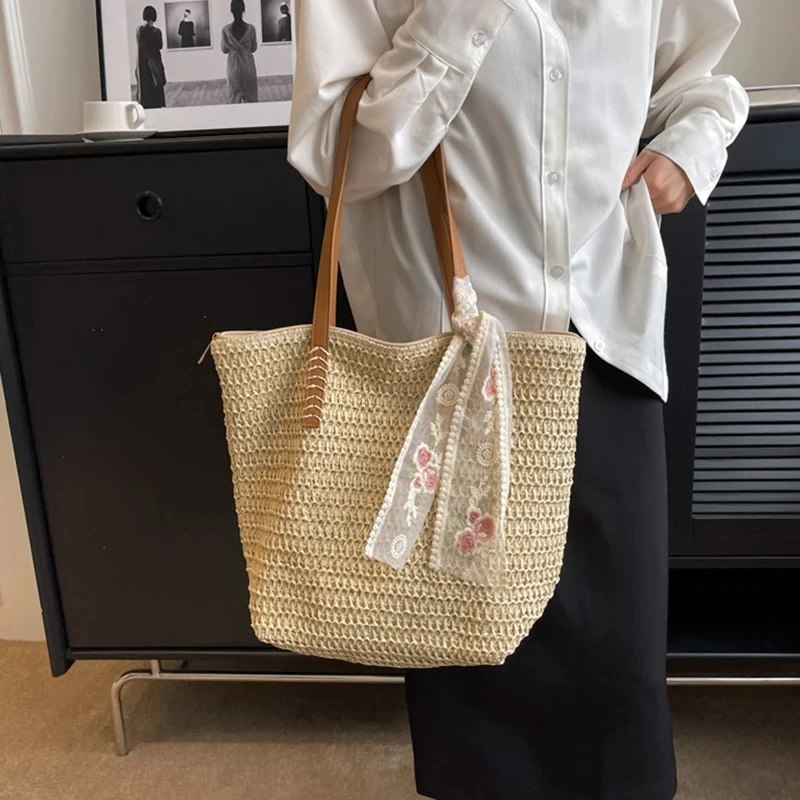 Vintage Women Woven Shoulder Bag Solid Color Lace Ribbon Tote Handbags Wicker Boho Straw Bag for Beach Handle Beige Bag 2024