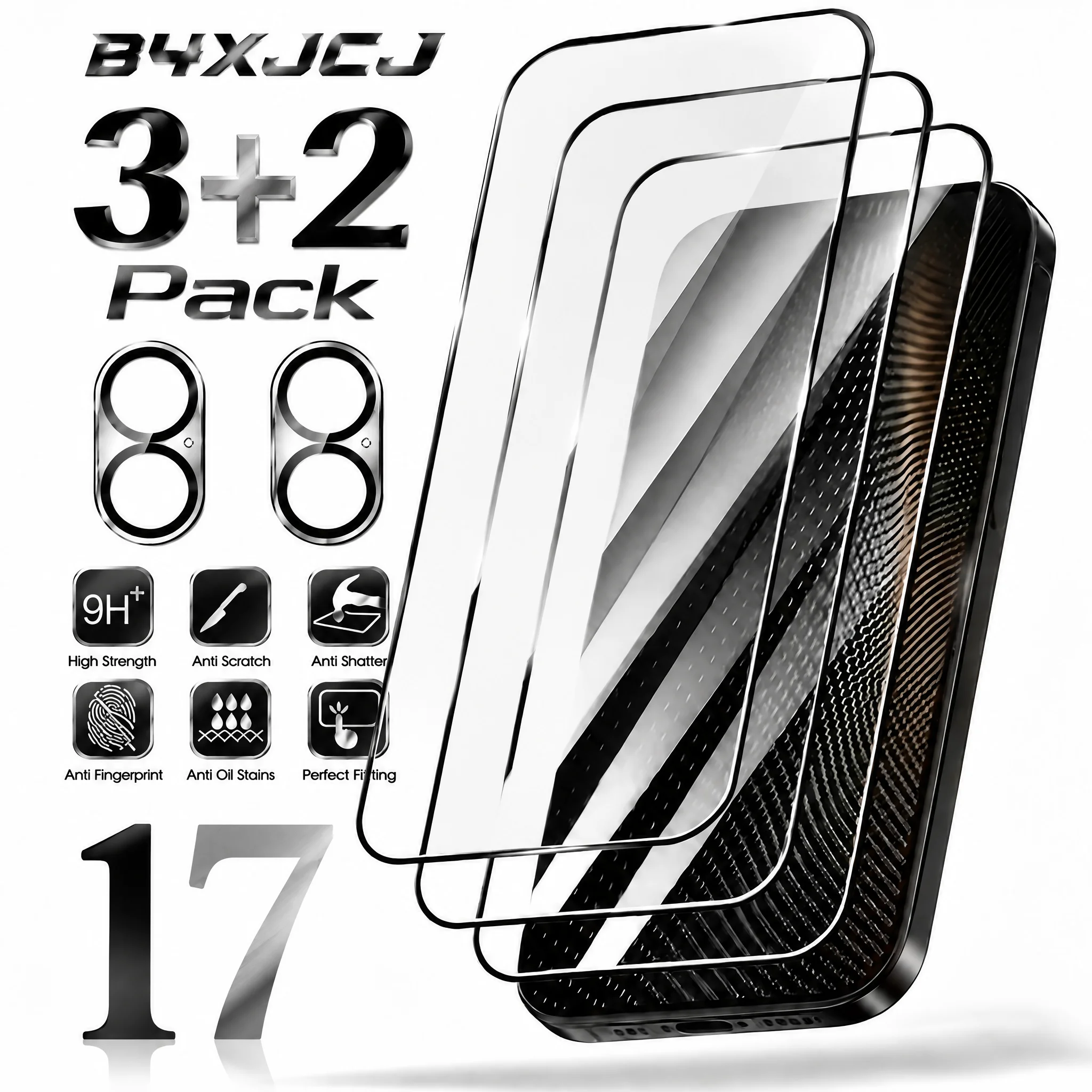 3+2 PACK TEMPERED GLASS SCREEN PROTECTOR FOR IPHONE 17 PRO MAX 16 PRO MAX 15 14 13 12 11 X, 3PCS BLACK BORDER FULL SCREEN HD FILM + 2PCS CAMERA LENS PROTECTOR 9H HARDNESS ANTI‑SCRATCH PHONE SCREEN GUARD