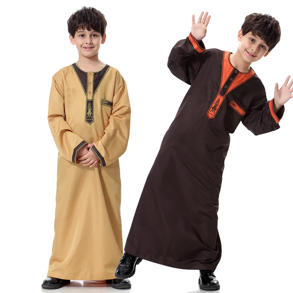 Teens Thobe Kids Arab Folk Outfit Children 5-12 Years Solid Color Clothes Boys Long Sleeve Ramadan Thawb Summer Muslim Robe