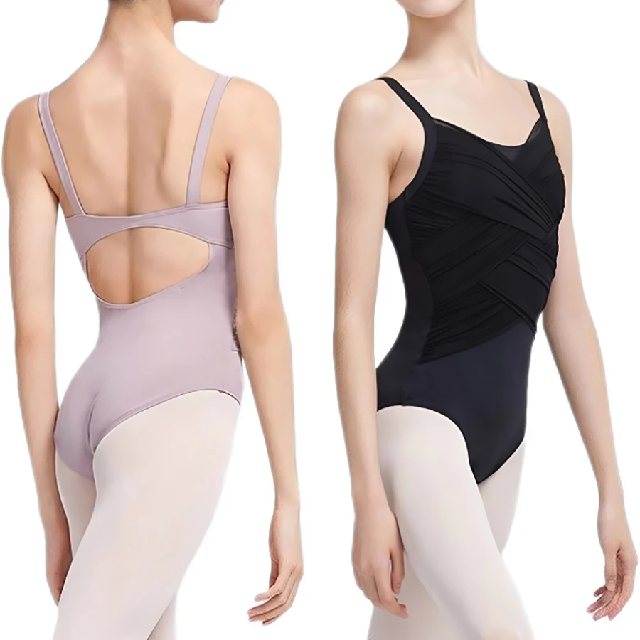 Women Dance Leotard Ballet Pleated V-neck Bodysuit Irregular Mesh Skirt Teen Training Gymnastics Skating Ballerina Dancewear