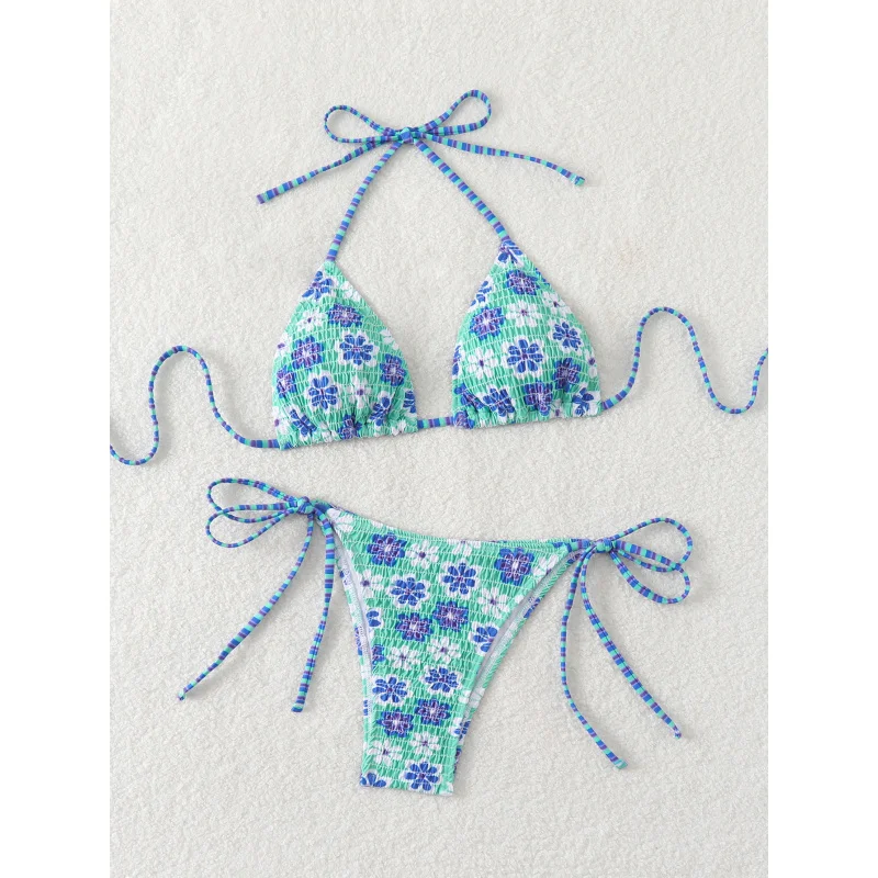 

New Soft Bag Flower Print Thin Strap Tie Bikini Set Summer Beach Fashion Women's Swimsuit