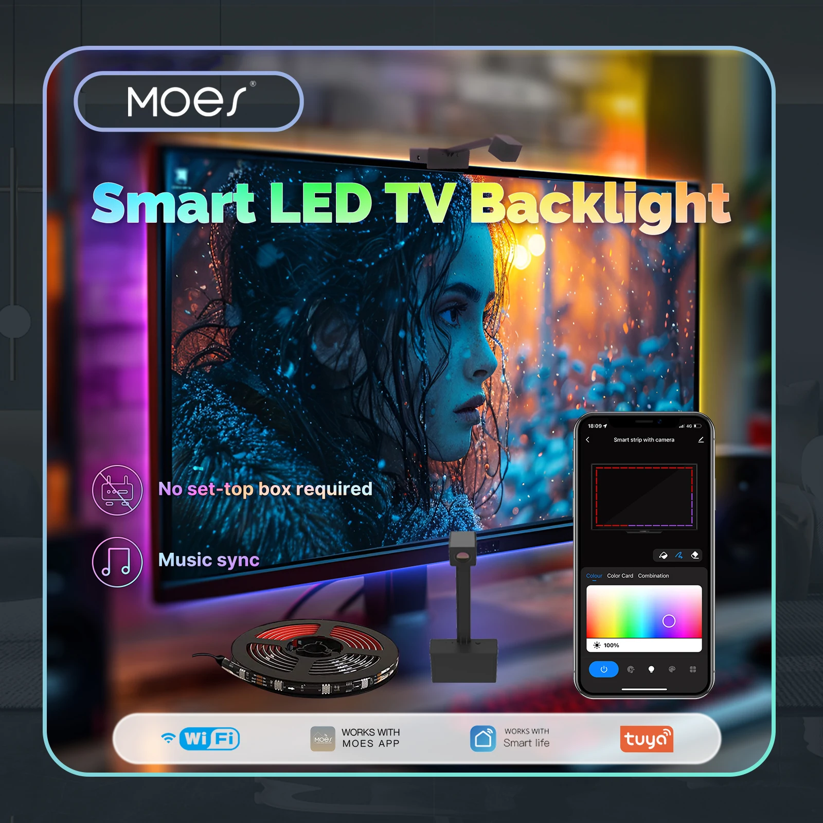 MOES Smart WiFi Ambient TV Backlight No Set-Top Box Required Music Sync LED Light Strip Timing Fucntion Multiples Scenes