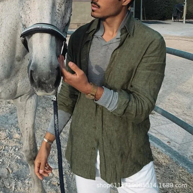 Spring New Solid Color Cotton And Linen Loose Casual Lapel Long-sleeved Cardigan Men's Beach Shirt