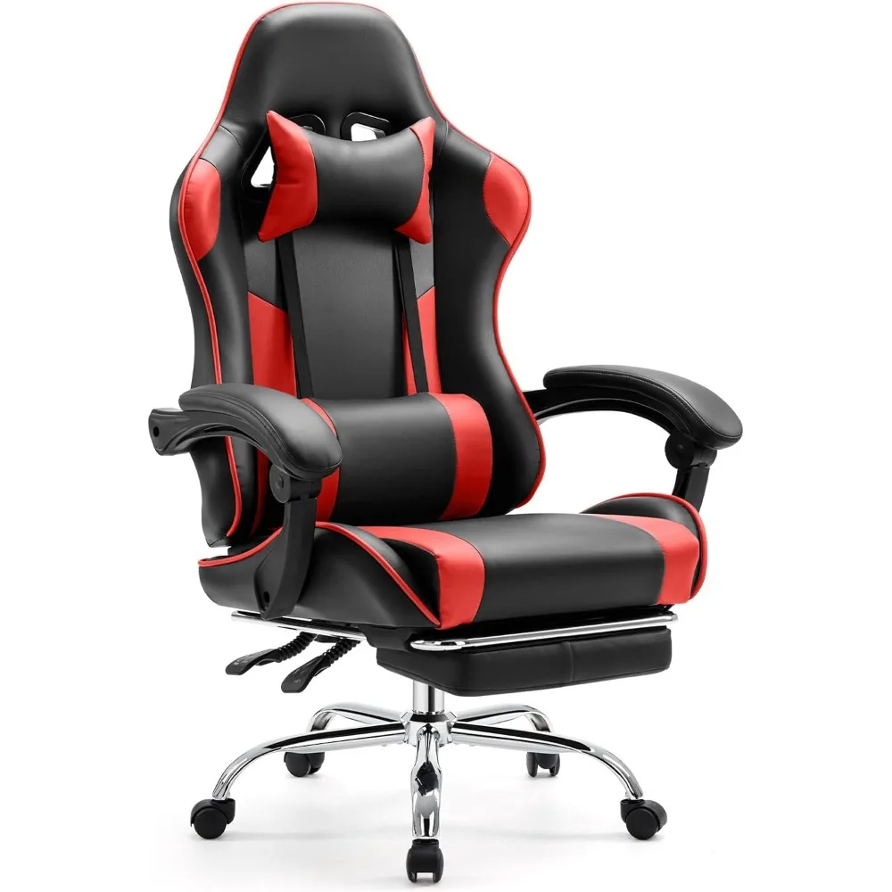 

Video Game Desk Chair - Ergonomic Computer with Footrest and Comfy Lumbar Support, PU Leather Recliner with Headrest, Fixed Up