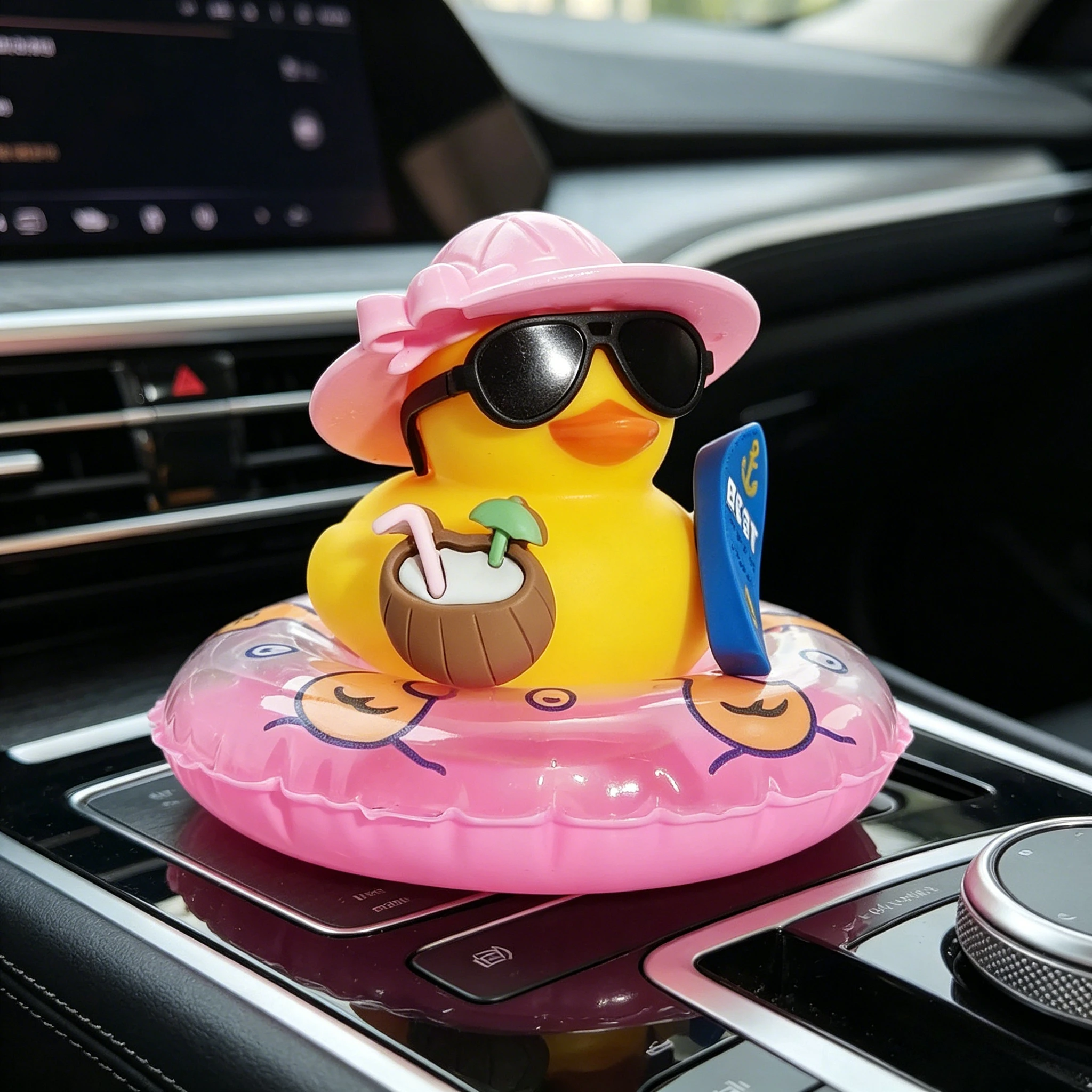 Cool Duck Car Interior Decoration, Adorable Rubber Duck with Sunglasses & Float, Perfect for Car, Office & Room Decor