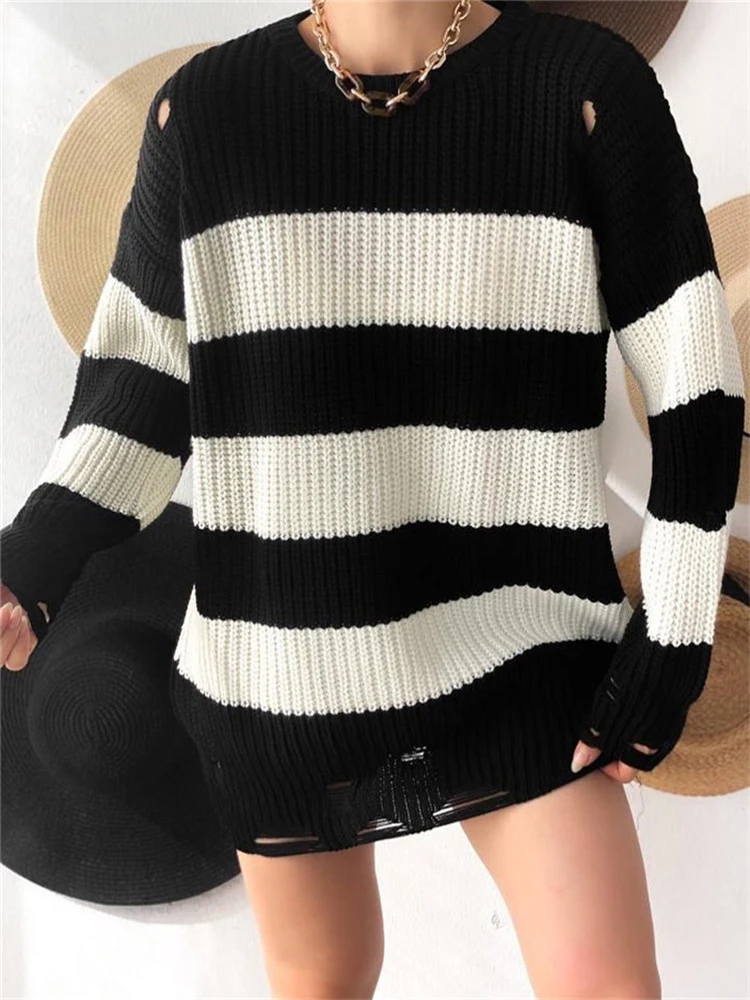 

Striped Sweater Women Hole Pullover Ladies O Neck Jumper Long Sleeve Top Female Casual Knitwear Autumn Winter Sueter Feminino