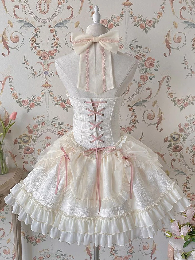 

Милое мини-платье в стиле Лолита для женщин: летнее, без рукавов, с бантиками, сетчатыми вставками, рюшами и завязками на шее, в стиле Харадзюку