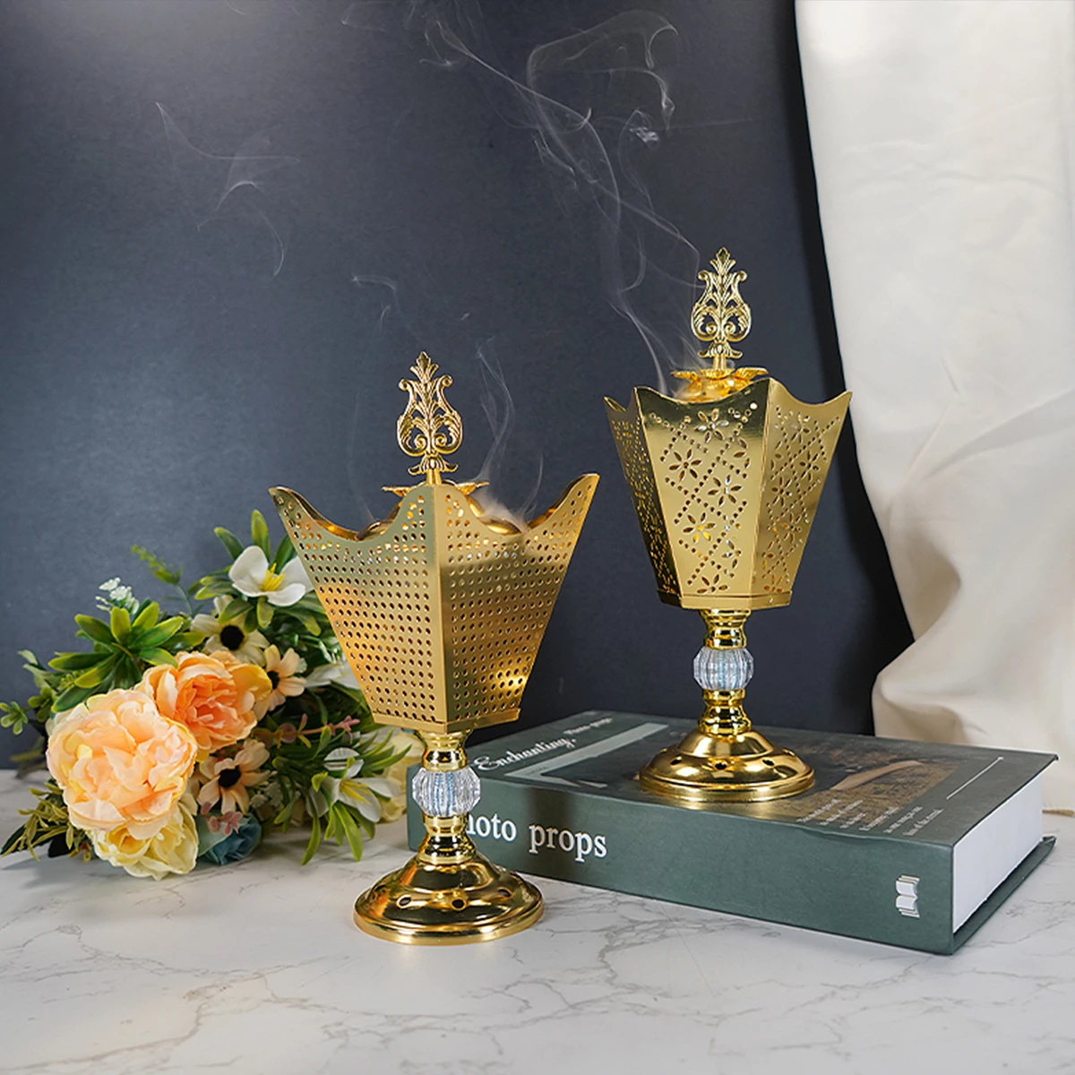 1pc Golden Metal Incense Burner Ramadan Electroplating Tower Incense Burner Eid Decorative Ornaments