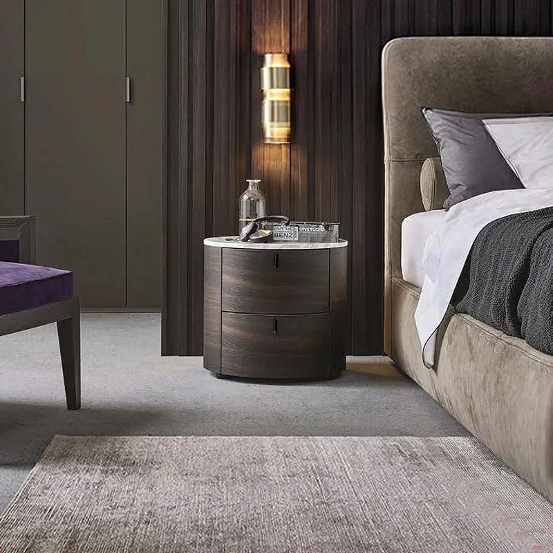 Italian minimalist solid wood smoked bedside tle Nordic light bedroom round rock sl suace storage