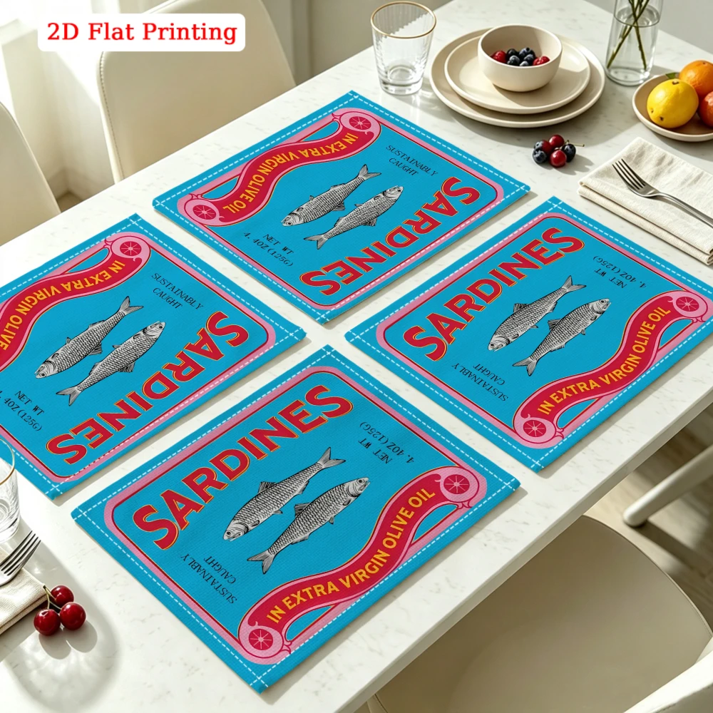 2Pcs Retro Sardine Placemat Blue Fish Extra Virgin Olive Oil Table Mat Kitchen Dining Decor Non Slip Heat Resistant 30X40Cm