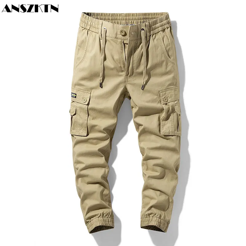 

ANSZKTN Men Cotton big pockets Spring new casual trousers overalls joggers cargo pants